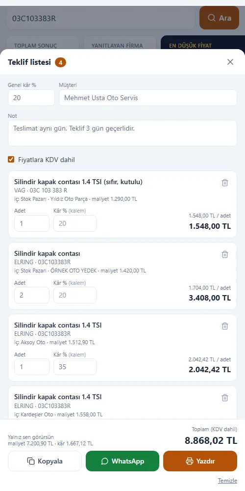 Telefonda teklif listesi: kalemler, toplam tutar ve Kopyala, WhatsApp, Yazdır düğmeleri; maliyet satırı yalnız size görünür